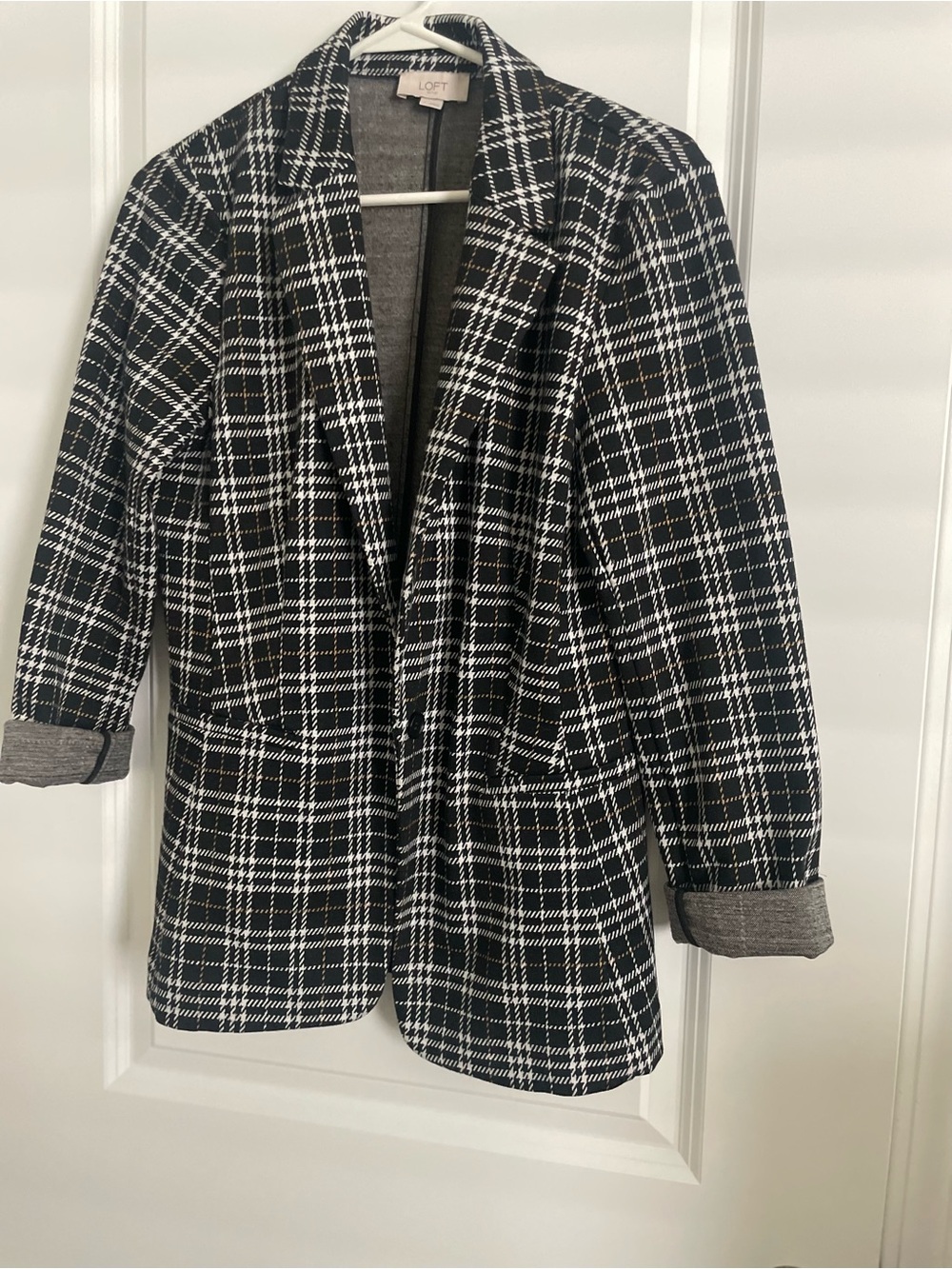 LOFT Black and White Plaid Open-Front Blazer